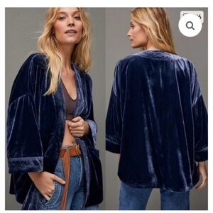 ANTHROPOLOGIE ESME VELVET KIMONO CARDIGAN OPEN DRAPEY BOHO CHIC BLUE SZ SMALL